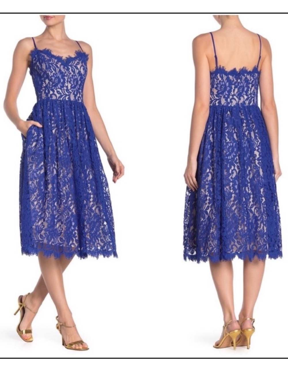 Eliza J size 12 Cobalt Blue Lace Midi Dress Spaghetti Strap Pockets Semi Formal‎ - Picture 2 of 14